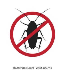 Anti cockroach, pest control. Stop insects sign. Silhouette of cockroach in red forbidding circle, vector illsutration