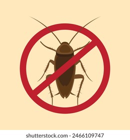 Anti cockroach, pest control. Stop insects sign. Silhouette of cockroach in red forbidding circle, vector illsutration