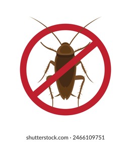 Anti cockroach, pest control. Stop insects sign. Silhouette of cockroach in red forbidding circle, vector illsutration