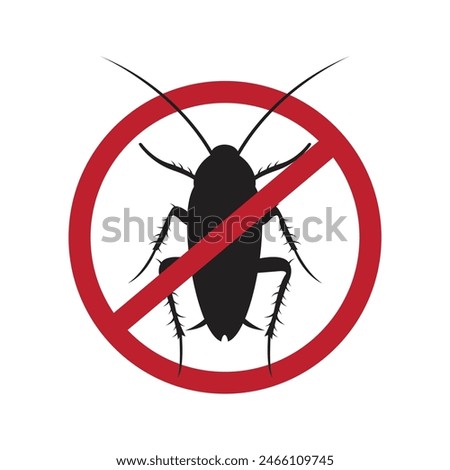 Anti cockroach, pest control. Stop insects sign. Silhouette of cockroach in red forbidding circle, vector illsutration