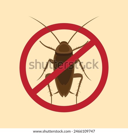 Anti cockroach, pest control. Stop insects sign. Silhouette of cockroach in red forbidding circle, vector illsutration