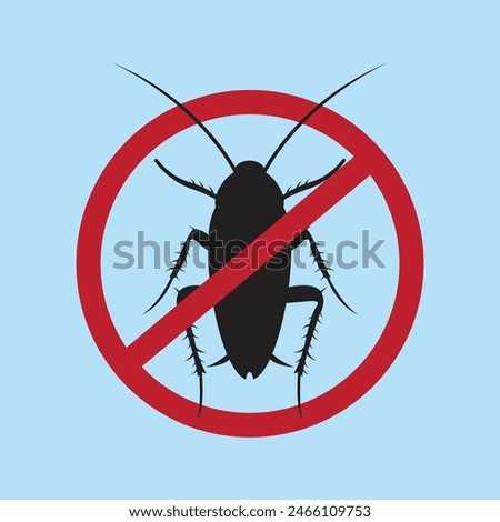 Anti cockroach, pest control. Stop insects sign. Silhouette of cockroach in red forbidding circle, vector illsutration