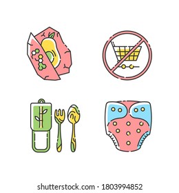 Anti consumerist lifestyle RGB color icons set. Beeswax food wrap, bamboo cutlery and cloth diaper. Biodegradable materials use. Isolated vector illustrations