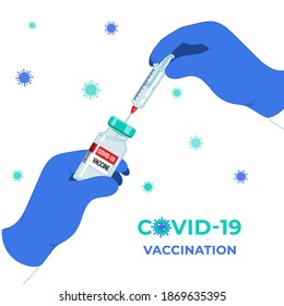 Anti Coronavirus disease COVID-19 infection medical vaccination concept. Doctor hands in medical gloves with syringe, vaccine antidote bottle. Prevention pandemic risk background. Vector illustration.