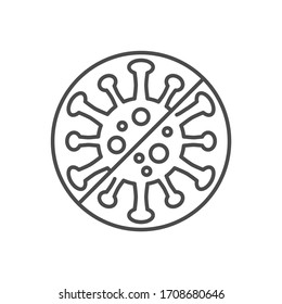 Anti Coronavirus related vector thin line icon. Virus COVID-19 in prohibition sign. Isolated on white background. Editable stroke. Vector illustration.