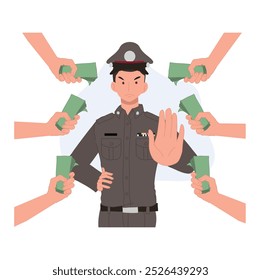 Anti Corruption Cartoon of Thai Police Refusing Bribery with Hand Symbol Saying No