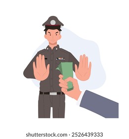 Anti Corruption Cartoon of Thai Police Refusing Bribery with Hand Symbol Saying No