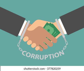 Anti corruption concept. Hand giving money bills to another through handshake. Handcuffed handshake. Flat design