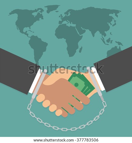 Anti corruption concept. Hand giving money bills to another through handshake. Handcuffed handshake with world map in the background. Flat design