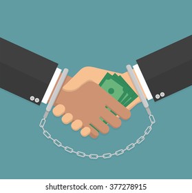 Anti corruption concept. Handshake with money and handcuffs on hands. Flat design