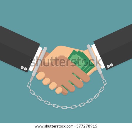 Anti corruption concept. Handshake with money and handcuffs on hands. Flat design