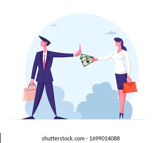 Anti Corruption Concept. Woman Give Envelope with Money to Businessman who refuse Taking Bribe. Cash in Hand of Businesswoman during Corruption Deal. Cartoon People Characters Vector Illustration svg