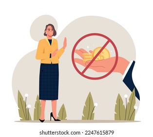 Anti corruption concept. Woman refuses bribe, honesty and law enforcement, democracy and state. Crossed out big hand with golden coins. Stop fraud, criiminal finances. Cartoon flat vector illustration