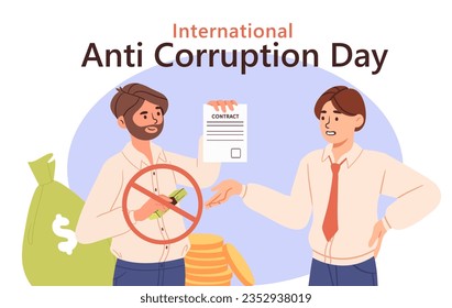 Anti corruption day concept. International holiday 9 december. Fighting bribes and breaking law. Political campaign and criminal prevention, society protection. Cartoon flat vector illustration