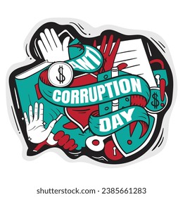 Anti corruption day vector illustration with doodle art of ribbon and icons design