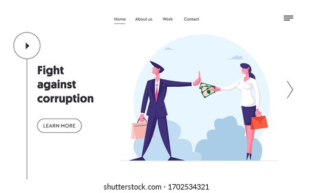 Anti Corruption Landing Page Template. Woman Give Envelope with Money to Businessman who Refuse Taking Bribe. Businesspeople during Corruption Deal. Cartoon People Characters Vector Illustration svg