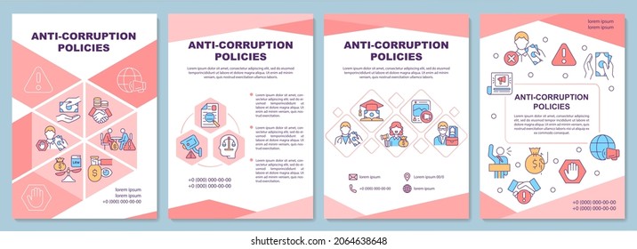 Anti corruption policies brochure template. Bribary prevention. Flyer, booklet, leaflet print, cover design with linear icons. Vector layouts for presentation, annual reports, advertisement pages svg