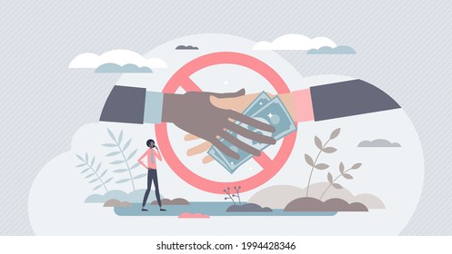 Anti corruption scene with illegal bribe money transfer tiny person concept. Stop fraud and greedy bribe vector illustration. Give criminal finances and refuse or reject offer. Guilty cash payment. svg