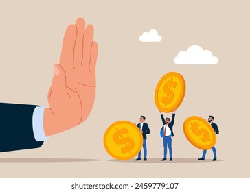 Anti corruption scene with illegal bribe money transfer. Businessman hand refuse to take illegal money banknotes. Flat vector illustration