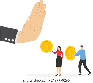 Anti corruption scene with illegal bribe money transfer. Businessman hand refuse to take illegal money banknotes. Flat vector illustration


