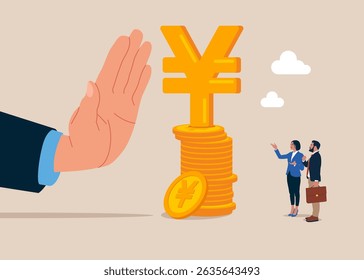 Anti corruption scene with illegal bribe money transfer. Businessman standing with pile of coins and sign Japanese Yuan. Flat vector illustration
