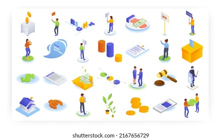 Anti Corruption Social Protest, Political Meeting, Vector Isometric Icon Set. Right Voice. Petition, Election, Vote.