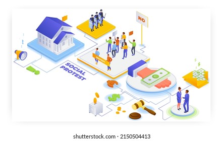 Anti corruption social protests, vector isometric illustration. Activists with placards. Social movement against bribery