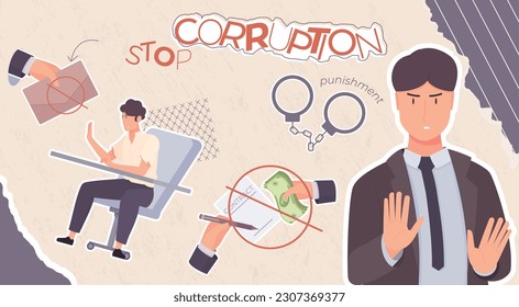 Composición anti-corrupción detenga con collage de íconos planos dinero en sobres esposas y garabatos ilustraciones vectoriales personas