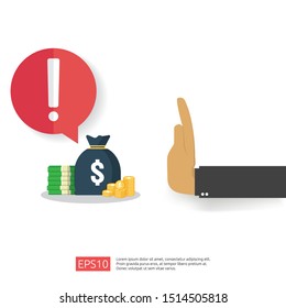 Anti Corruption, Stop and corrupt decline concept. Business bribe with money in an envelope and prohibition warning sign. vector illustration in flat style for banner, background, and presentation