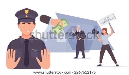 Anti corruption stop flat composition with human characters of judge police officer and protester holding placard vector illustration