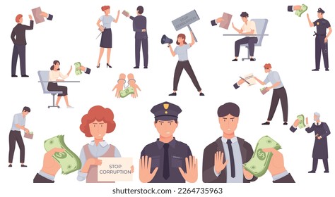 La lucha contra la corrupción se detiene con personajes aislados de oficiales de policía las autoridades se niegan a aceptar sobornos ilustraciones vectoriales