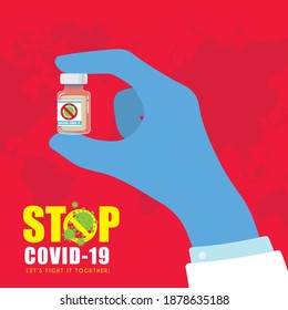 
Anti Covid-19 vaccination concept art. Hands holding vaccine bottle for coronavirus immunization treatment. Fight against coronavirus flat vector illustration.