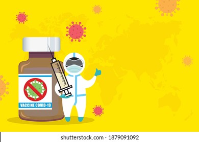 Anti Covid-19 vaccination concept copy space. Doctor with vaccine bottle and syringe injection for immunization treatment. The end of Covid-19 pandemic. Fight against coronavirus. Vector illustration.