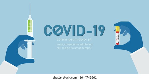Anti COVID-19 vaccine concept.Hand holding test tube with blood sample for COVID-19 test. Positive test result Coronavirus Covid-19 and Green liquid in syringe is antidote, vector illustration.