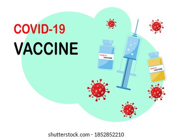 Concepto de vacuna anti COVID-19.El líquido de protección contra virus en jeringa es antídoto con tipografía y espacio de copia., ilustración vectorial.