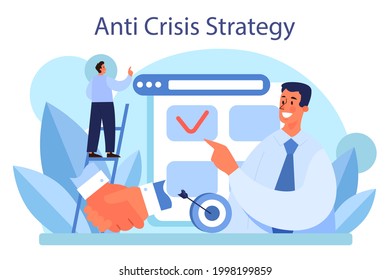 Anti crisis strategy concept. Business planning during financiall crisis and business decline. Idea of risk control and safety from business failure. Isolated flat illustration