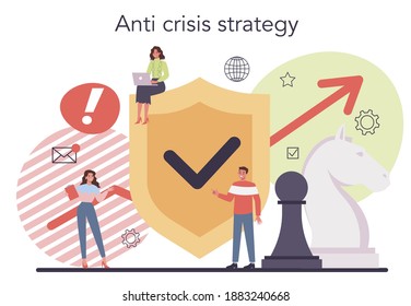 Anti crisis strategy concept. Idea of risk control and safety from business failure. Financial and reputation protection. Isolated flat illustration