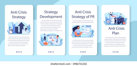 Juego de banners para aplicaciones móviles de estrategia contra la crisis. Planificación empresarial durante la crisis financiera y la caída de las empresas. Idea de control de riesgos y seguridad frente a fallos empresariales. Ilustración plana aislada