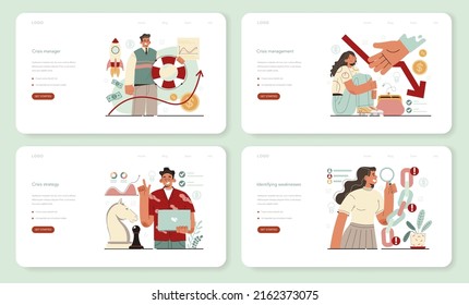 Anti crisis strategy web banner or landing page set. Business planning during financial crisis and business decline. Idea of risk control and safety from business failure. Flat vector illustration