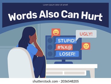 Anti cyberbullying poster flat vector template. Teen problem. Brochure, booklet one page concept design with cartoon characters. Social media harassment flyer, leaflet with copy space