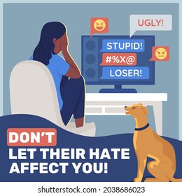 Anti cyberbullying social media post mockup. Do not let their hate affect you phrase. Web banner design template. Booster, content layout with inscription. Poster, print ads and flat illustration