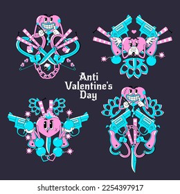 Anti Valentine’s Day emblems in retro 90s, y2k neon design. Weird and creepy heart characters. Groovy funky style