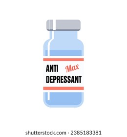 Anti depressant max generic drug bottle. Antidepressant medication vial. Pharmaceutical industry concept.