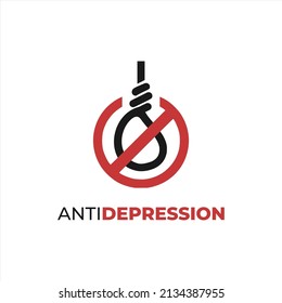 Vektorgrafik gegen Depression. Einfache Ikone oder Logo über Depressionen. Kombination hängt Seil und Stoppsymbol mit roter schwarzer Farbe.
