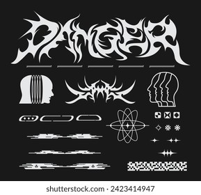 peligro anti diseño elementos de brutalismo hardcore forma afiche ácido de activos, tatuaje, ilustración vector icono futurista, símbolo editable