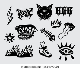 Anti design clip art streetwear elemento brutalismo elemento forma ativo cartaz ácido, tatuagem, ilustração vetor ícone assustador, símbolo editável