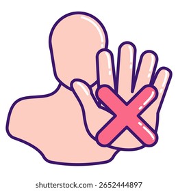 Ícone de Anti-Discriminação representado pelo estilo de cor linear de sinal cruzado, palma da mão.