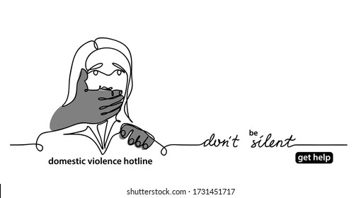 Anti domestic violence compaign simple minimalist concept. Web banner, background, illustration with a woman and mans hand that closes her mouth. One continuous line drawing.