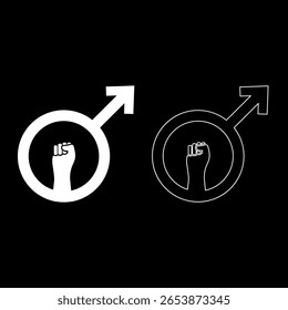 Símbolo masculino anti-feminismo símbolo levantado punho conjunto ícone branco cor vetor ilustração imagem simples contorno de contorno linha fina estilo plano