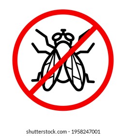 Anti fly line vector icon. Editable stroke. Red prohibiting sign with insect. Minimal design